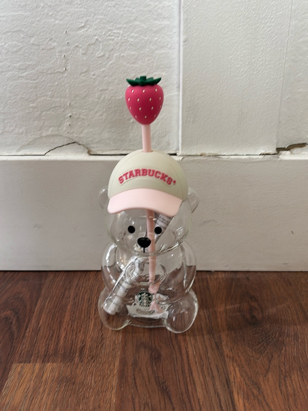 Starbucks Clear Bear Bottle with Pink Cap and Strawberry Topper